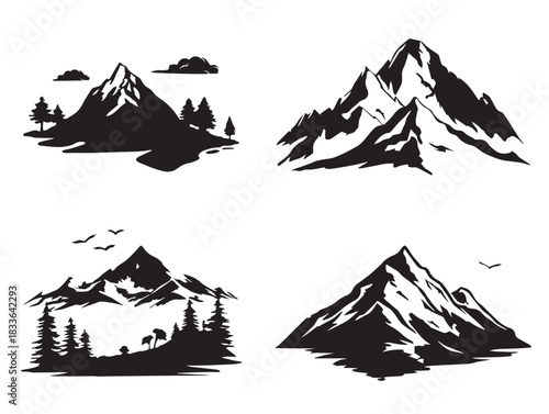 A beautiful set of four majestic mountain range silhouette vector icons