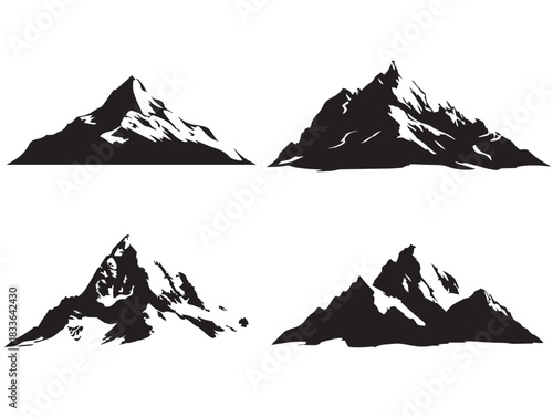 An elegant set of four stunning mountain peak silhouette vector icons