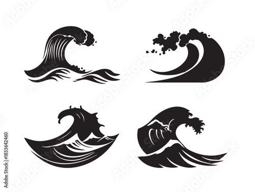 A gorgeous set of four dynamic ocean wave crash silhouette vector icons