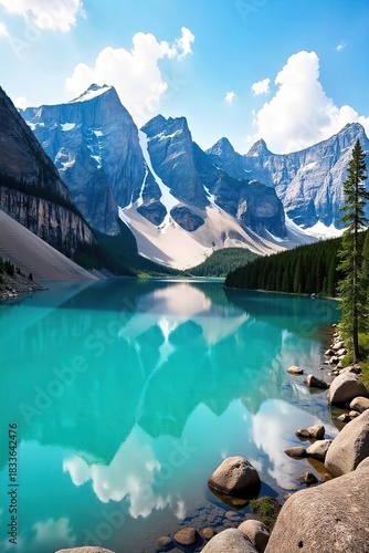 Sunlit Canadian Rockies Glacial Lake Reflects Snow-Capped Peaks and Lush Forests