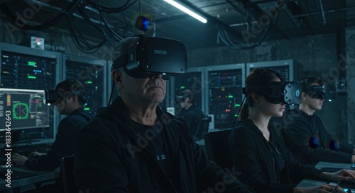 People wearing virtual reality headsets work together in a high-tech control room with multiple computer screens and dark atmosphere