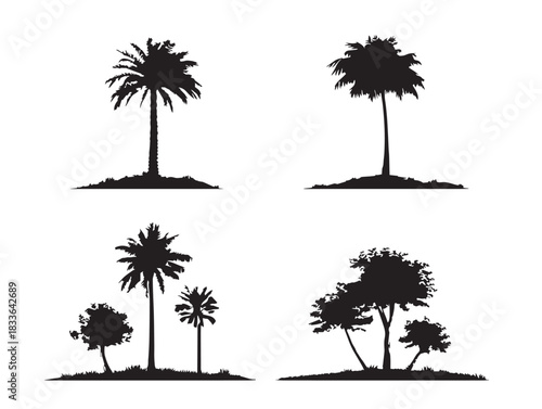 A beautiful set of four stunning palm tree group silhouette vector icons