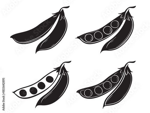 A lovely set of four simple pea pod silhouette vector icons in solid black