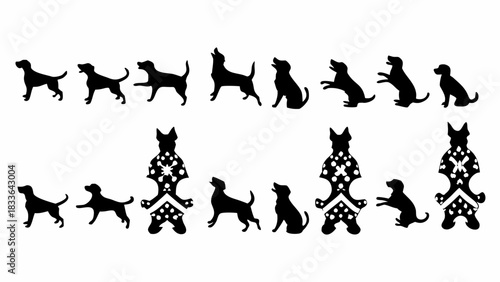 Playful canine silhouettes in dynamic poses, perfect for branding, pet care, or veterinary designs, offering a touch of modern, clean simplicity and charm
