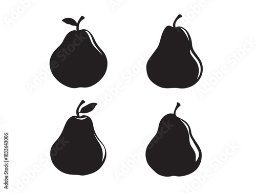 A stunning set of four elegant pear with stem silhouette vector icons