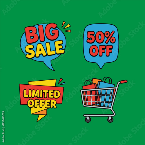 Collection of colorful cartoon sale and discount stickers for retail promotion