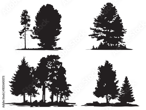 A stunning set of four magical pine forest landscape silhouette vector icons