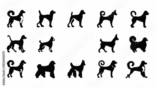 Charming collection of dog breed silhouettes, perfect for pet lovers, branding, or creating unique animal-themed designs with a modern, clean aesthetic