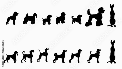 Diverse dog breeds in silhouette formation, a collection of canine shapes, perfect for pet lovers, veterinarians, and animal adoption campaigns that need a touch of style