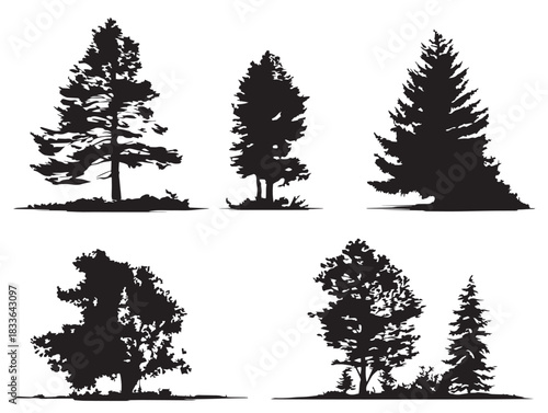 A nice set of four simple pine tree woods silhouette vector icons