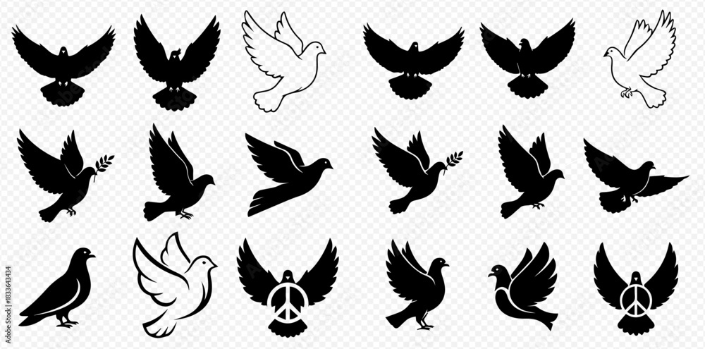 Fototapeta premium Collection of black and white dove illustrations in various poses, including flying, standing, and holding olive branches, with one featuring a peace symbol.