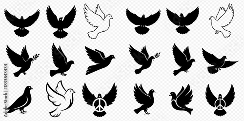 Collection of black and white dove illustrations in various poses, including flying, standing, and holding olive branches, with one featuring a peace symbol.