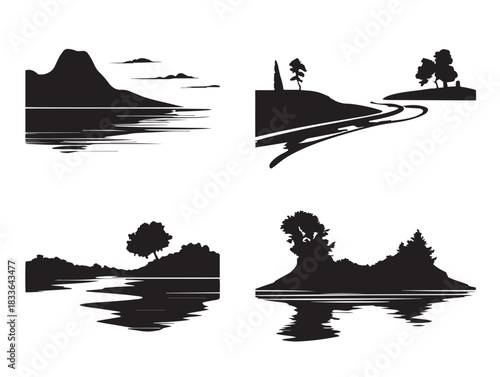 An elegant set of four river silhouette icons in solid black