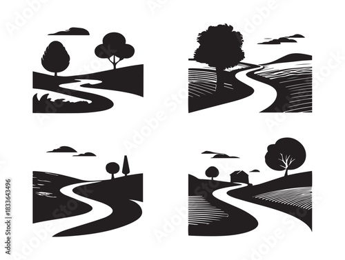 A stunning group of four beautiful river silhouette vector icons
