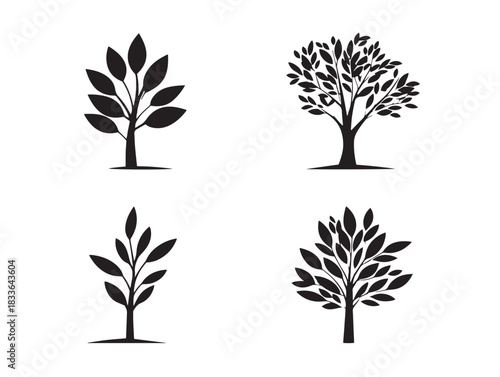 A nice group of four solid black sapling silhouette vector icons