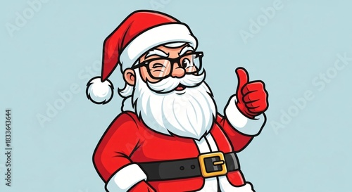 Cartoon Santa Claus with white beard red suit and hat wearing glasses and winking gives a thumbs up gesture