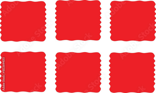 Six red scalloped rectangles arranged on a white background