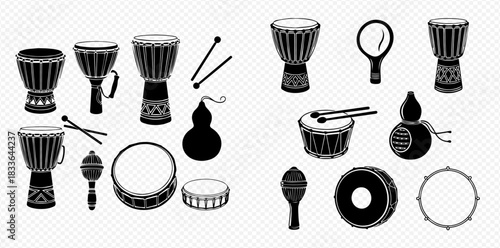 Collection of African and tribal percussion instruments silhouettes, including djembe drums, maracas, and tambourines in black and white vector art.