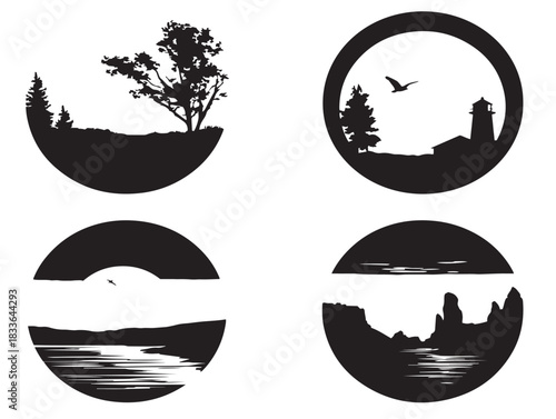 A dynamic collection of four sunset silhouette icons in gorgeous black