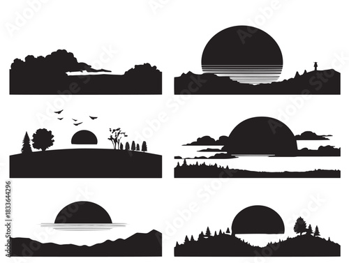 A beautiful set of four sunrise silhouette icons in stunning black