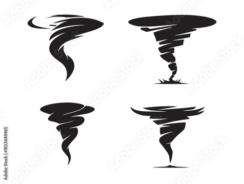 A dramatic set of four tornado silhouette icons in dynamic black