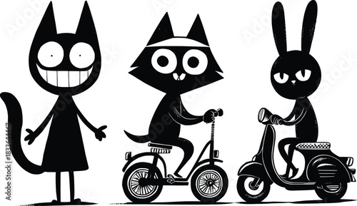 Crazy Black Cat Is Riding Scooter And Bicycle Together With Funny Black Rabbit