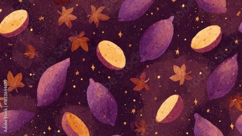 夜空風のさつまいもパターン 落ち葉と星の背景素材