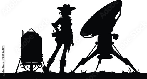 Silhouette of Female Figure at Remote Outpost with Radio Telescope and Equipment