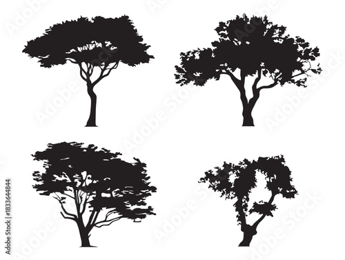 A stunning collection of four solid black tree silhouette vector icons