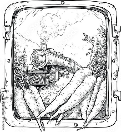 Illustration of carrots and train in porthole adventure travel transportation