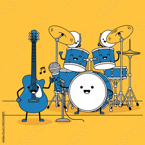 Two-color doodle set of guitar drum and microphone characters drawn with cute simple flat line style