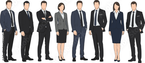 Business, professionals, cartoon, illustration, diverse, team, formal, attire, suits, workplace, corporate, group, standing, row, male, female, blazer, tie, skirt, dress