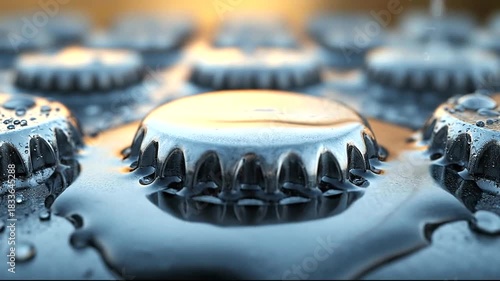 Close-up of water droplets on bottle caps glistening