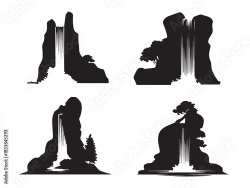 Elegant Waterfall Landscape Silhouette Icons in Solid Black Vector