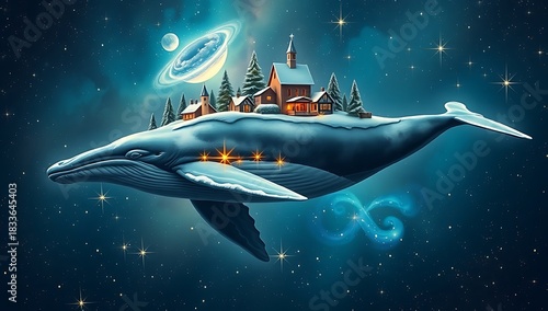 A whimsical winter scene featuring a whale swimming through space carrying a snowcovered village on its back christmas