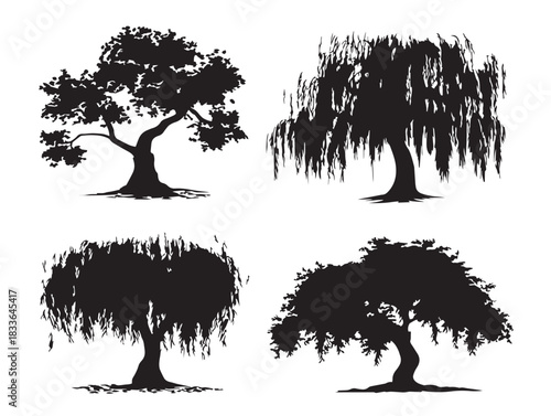 Gorgeous Weeping Willow Tree Silhouette Vector Icons in Black