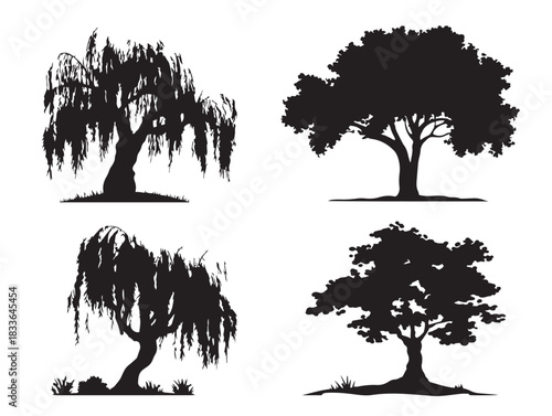 Beautiful Set of Four Serene Willow Tree Silhouette Graphics