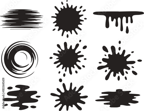 Black paint blots collection. Black ink splatter and smear vector set