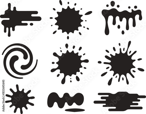 Black paint blots collection. Black ink splatter and smear vector set