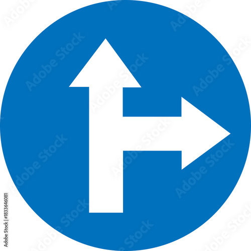 Mandatory direction traffic sign showing straight or right turn isolated on transparent background