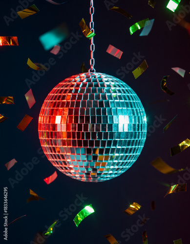 A sparkling disco ball with colorful reflections and confetti
