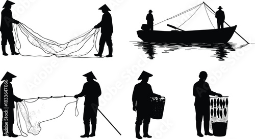 Traditional fishing silhouettes, fishermen with nets, boat fishing, drying fish, basket storage, teamwork, rural lifestyle, coastal culture, livelihood, community