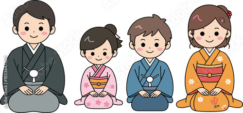 Traditional Japanese family wearing colorful kimono and hakama sitting in formal seiza position, cultural attire, smiling parents and children illustration