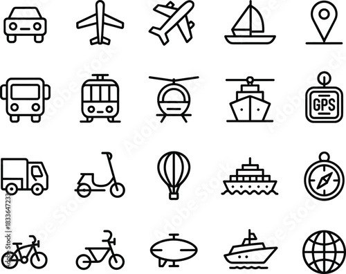 Transportation icons set, travel symbols, vehicle illustrations, airplane, boat, bike, scooter, GPS, compass, hot air balloon, truck, ship, travel navigation