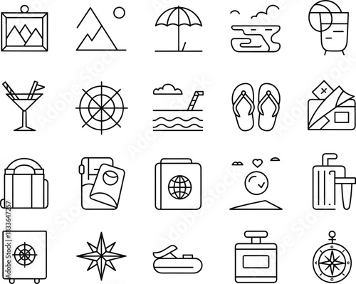 Travel and vacation icons set, passport, suitcase, beach umbrella, compass, cocktail, map, flip flops, safe, perfume, summer, adventure
