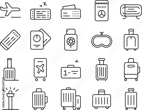Travel Line Icons Set, Luggage, Tickets, Passport, Airplane, Flight, Boarding Pass, Outline Vector, Airport Elements, Tourism Symbols Pack