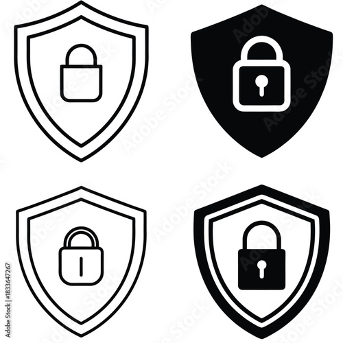 Security shield and padlock icons set for digital data protection