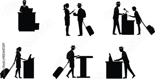 Travelers checking in at airport counters, pulling luggage, interacting with airline staff, business and casual travelers, airport check-in process, travel concept.