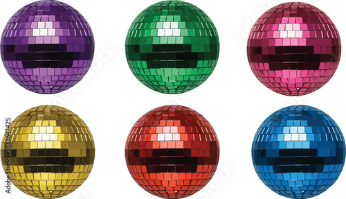 Colorful disco ball set, vibrant party decoration, reflective sphere illustration, dance theme graphic, symmetrical layout, white background design