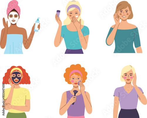 Women doing skincare routines, applying cream, face masks, makeup, beauty treatment illustration, diverse girls in self-care, daily beauty habits.
